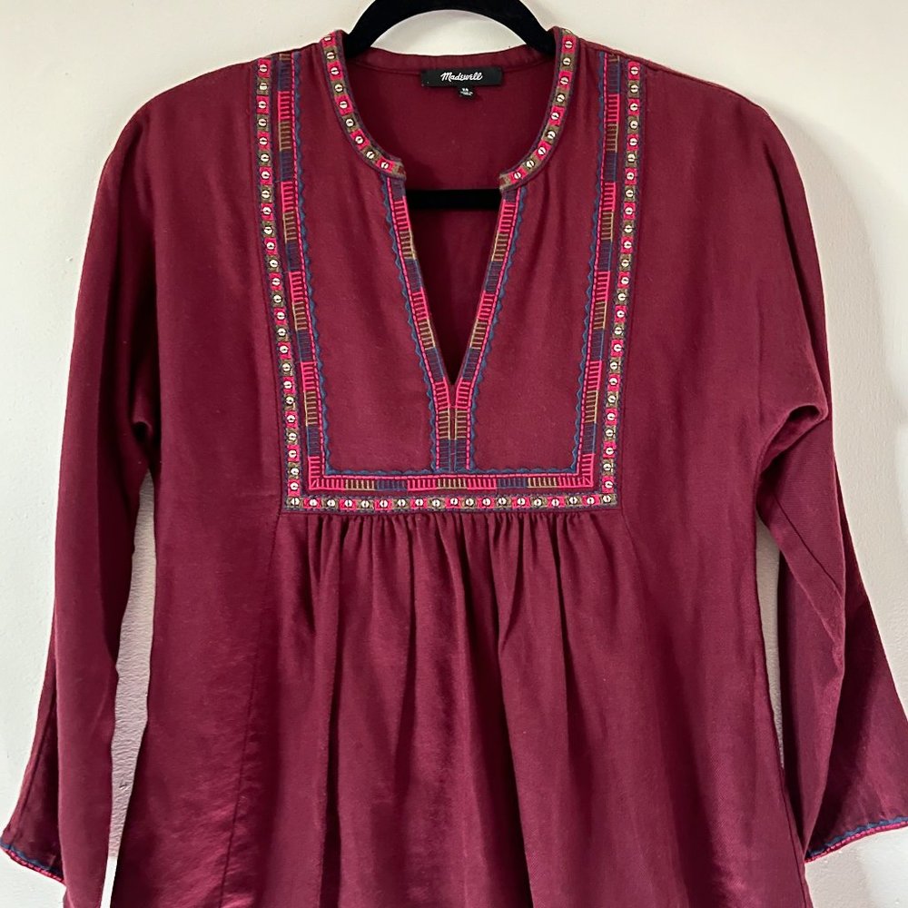 Madewell Embroidered Maroon Embellished Popover Blouse, Size XS